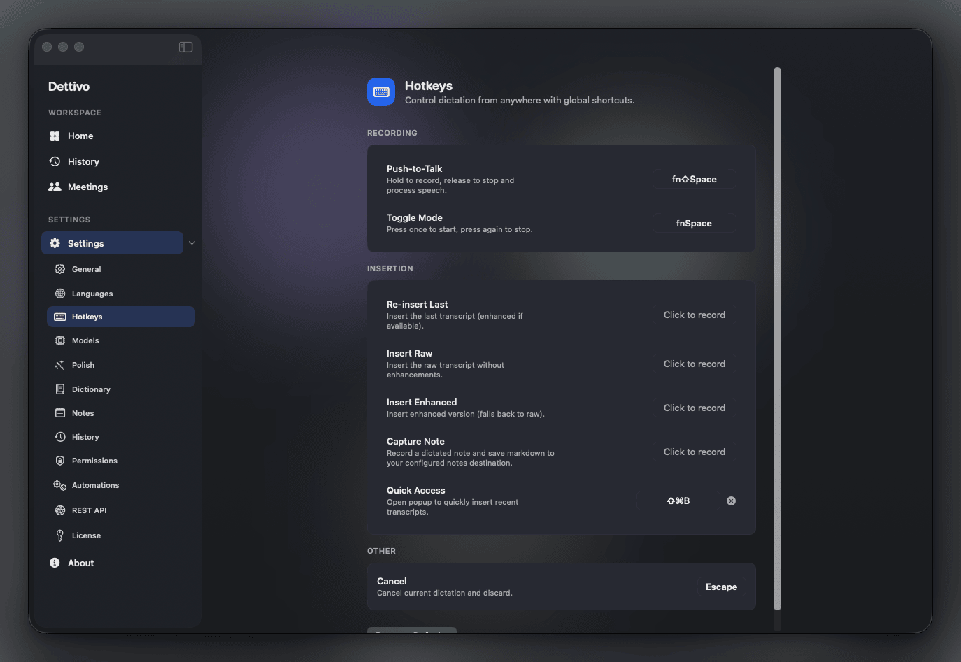 Dettivo hotkey configuration
