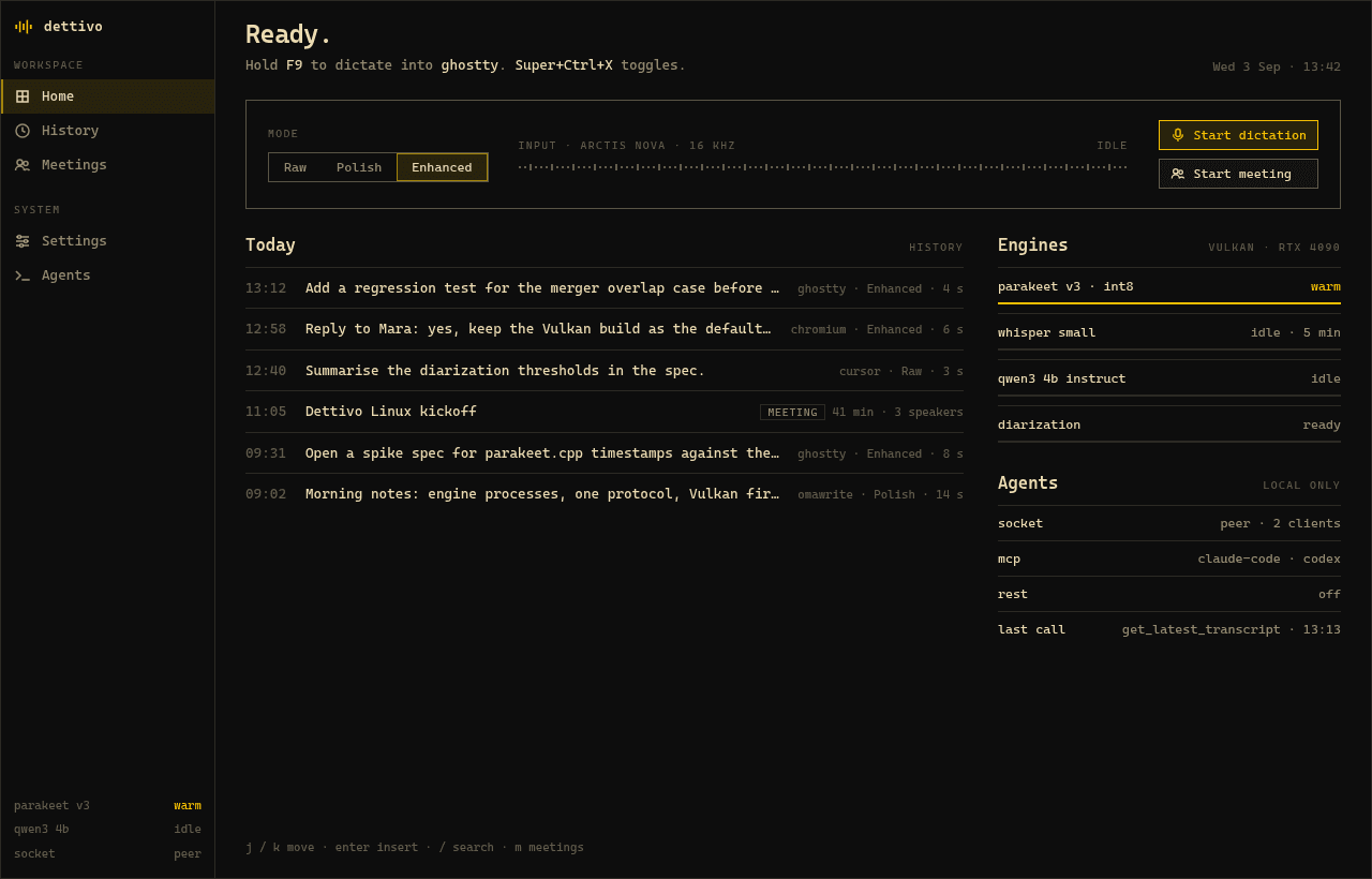 Dettivo for Linux home screen with today's dictations, engines and agent connections