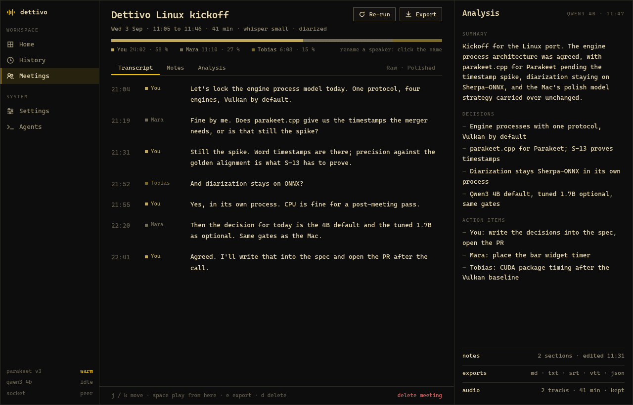 Dettivo for Linux meeting view with a diarized transcript, speakers and analysis