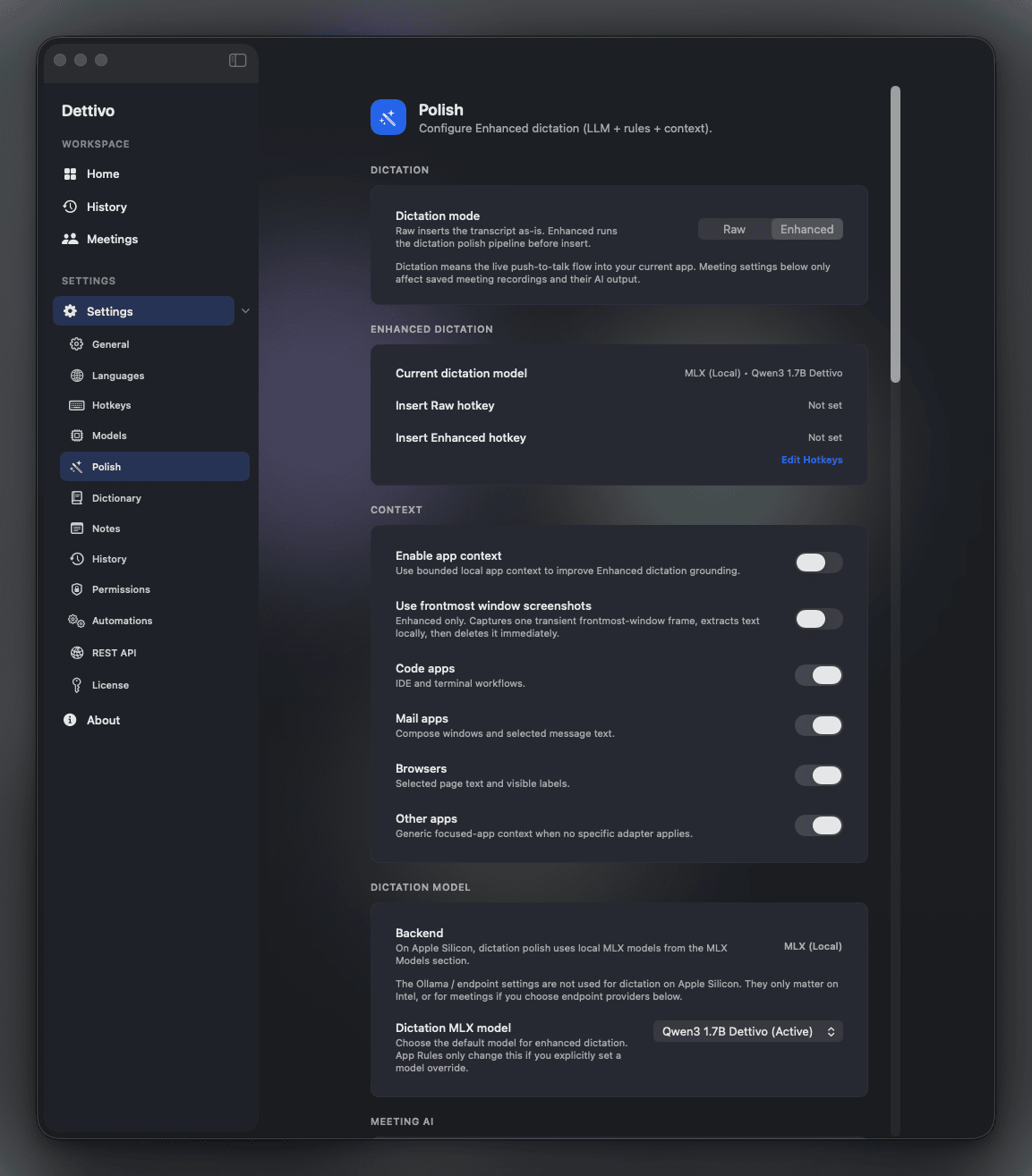 Dettivo polish settings