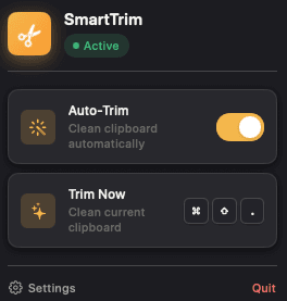 SmartTrim menu bar interface
