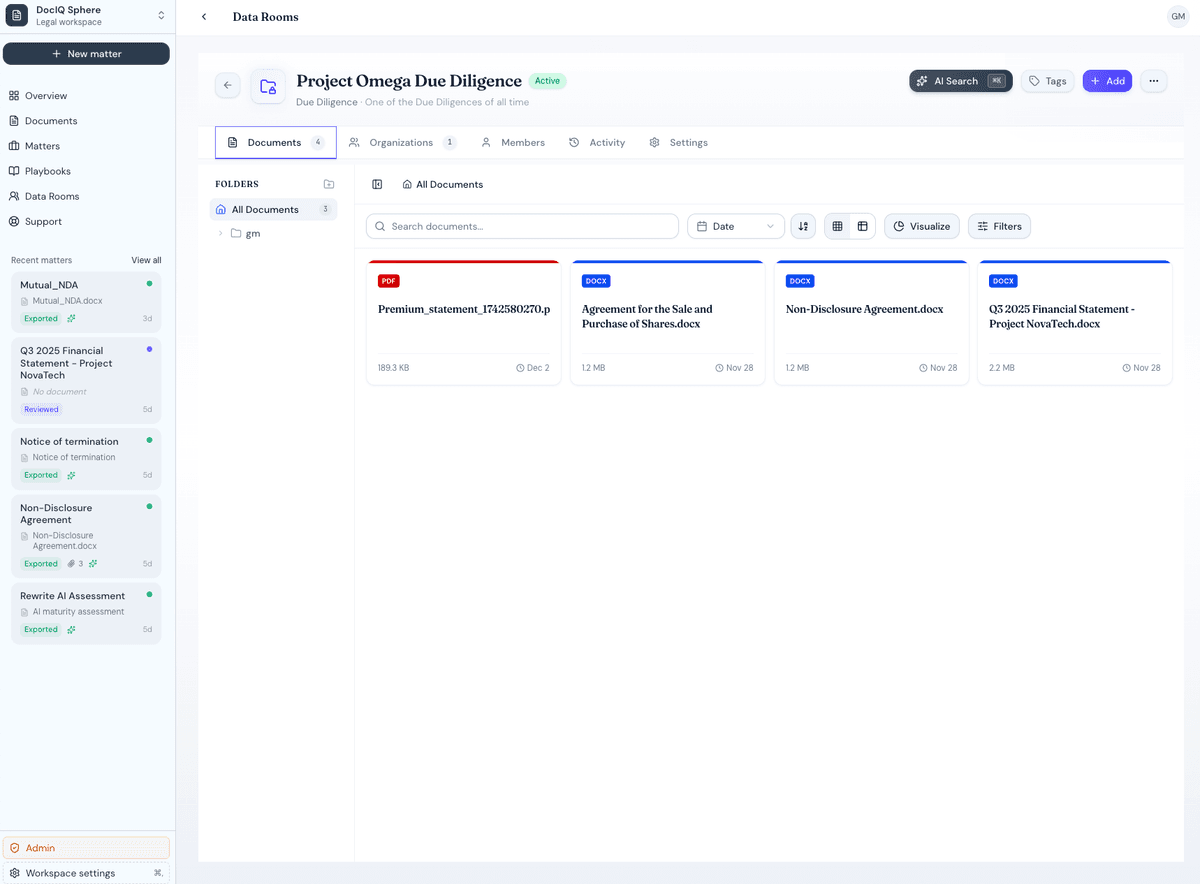 DocIQ Sphere data room interface
