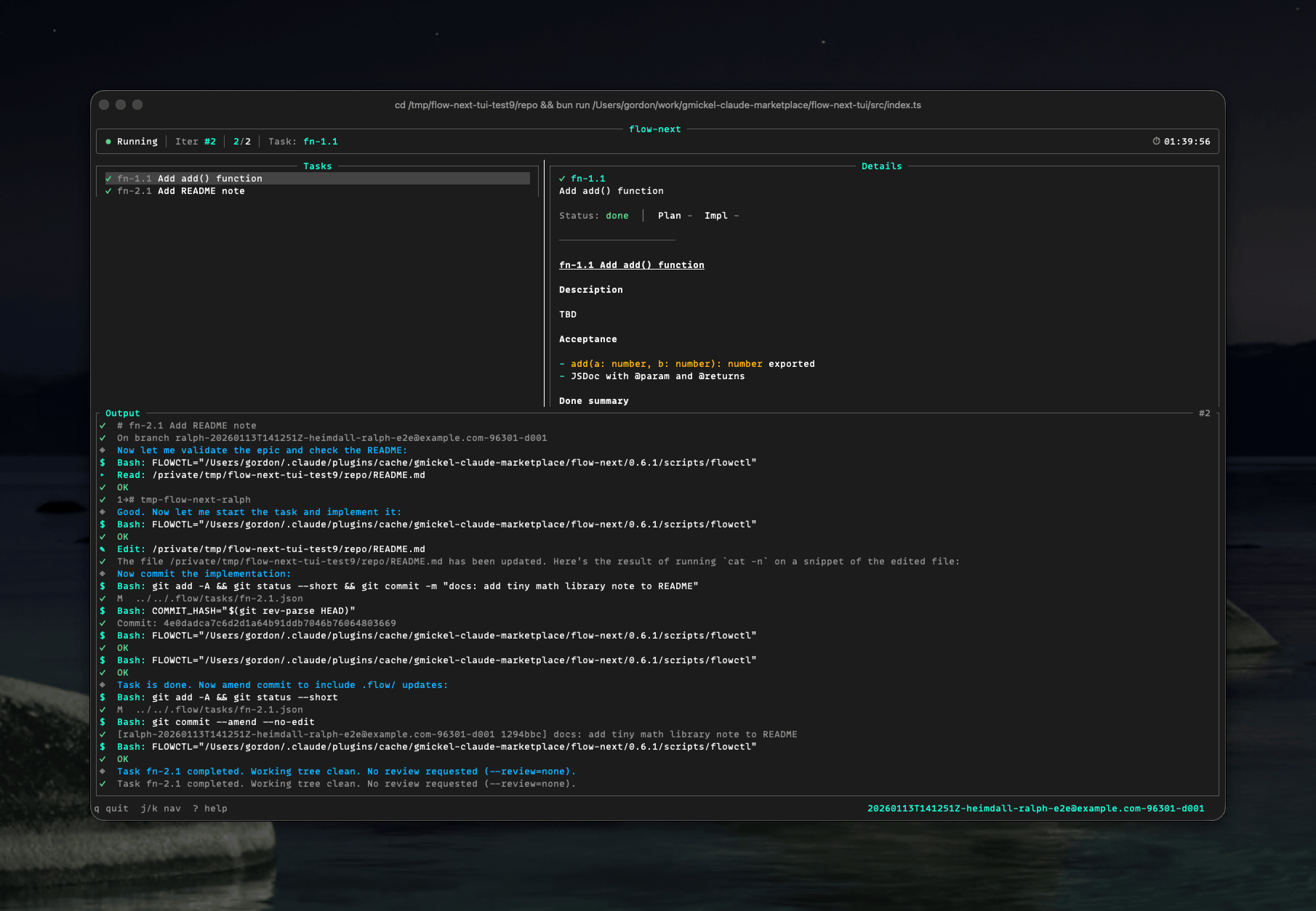 flow-next-tui terminal interface showing task progress, live logs, and run state